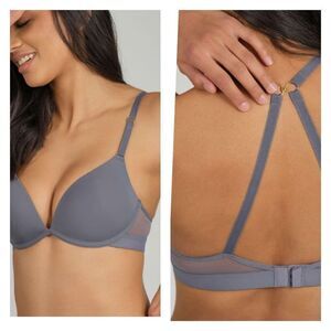 NWT‎ Lively Women's The Deep V Plunge No-Wire Padded Push-Up Bra Smoke Size 34C